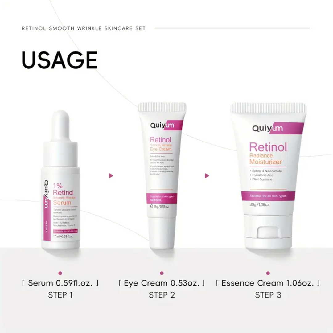 Quiyum Retinol Smooth Wrinkle Skincare Set – 3-in-1 Anti-Aging Set (Moisturizer, Serum & Eye Cream)