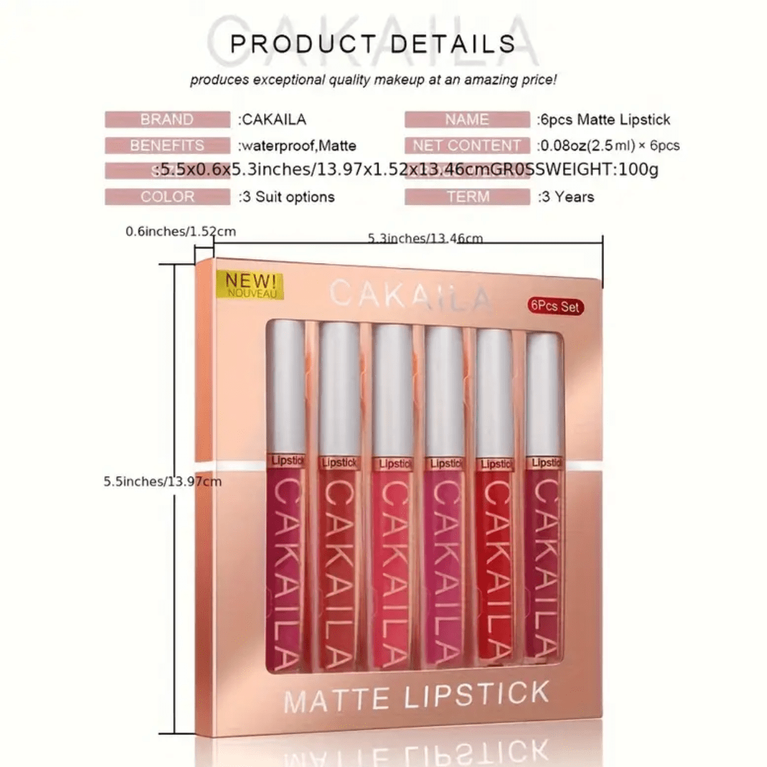 CAKAILA 6 - Piece Matte Liquid Lipstick Set – Long - Lasting, Waterproof, Smooth Finish - Ethereal soul Collections