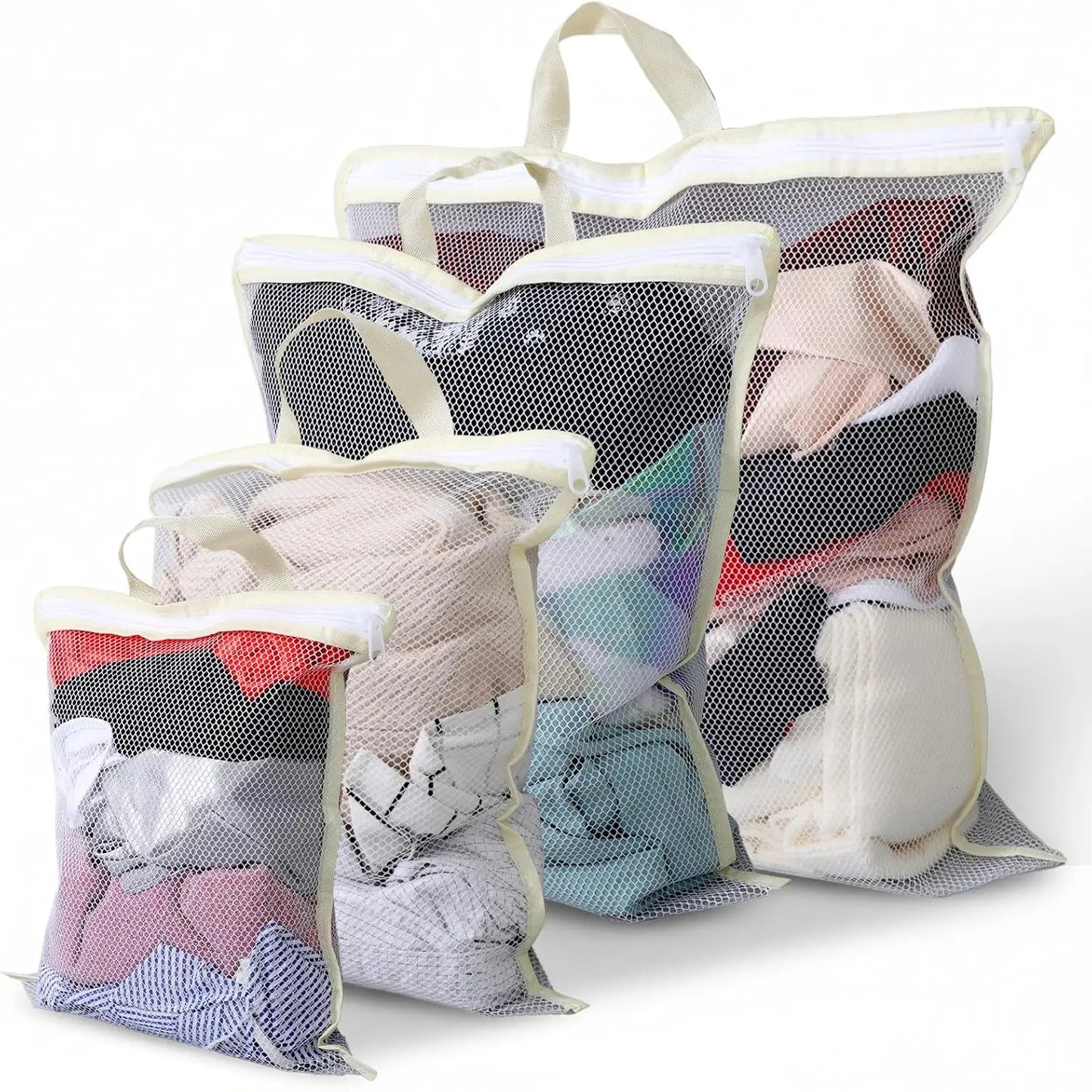 4PCS Laundry Mesh Bag Set with Handles – X-Large,Large, Medium & Small Washing Bags for Clothes & Delicates