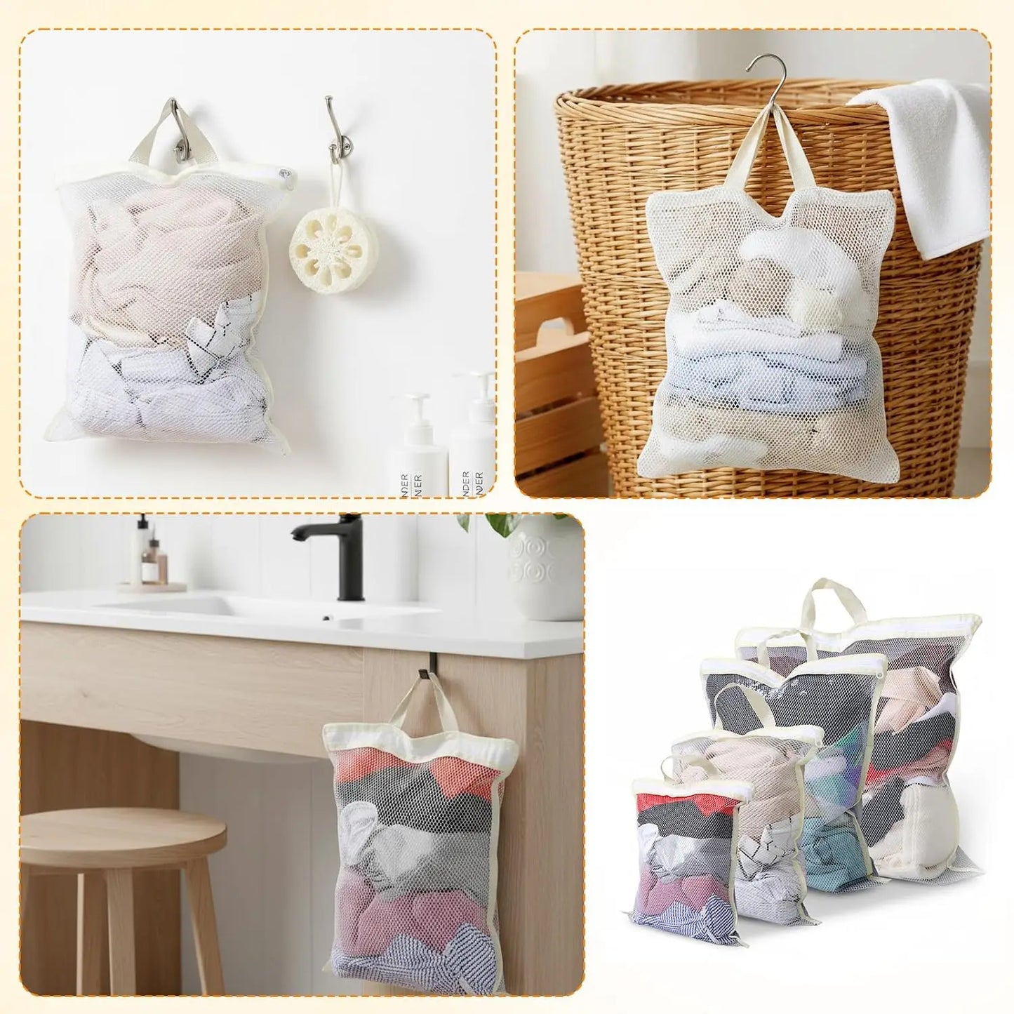 4PCS Laundry Mesh Bag Set with Handles – X-Large,Large, Medium & Small Washing Bags for Clothes & Delicates
