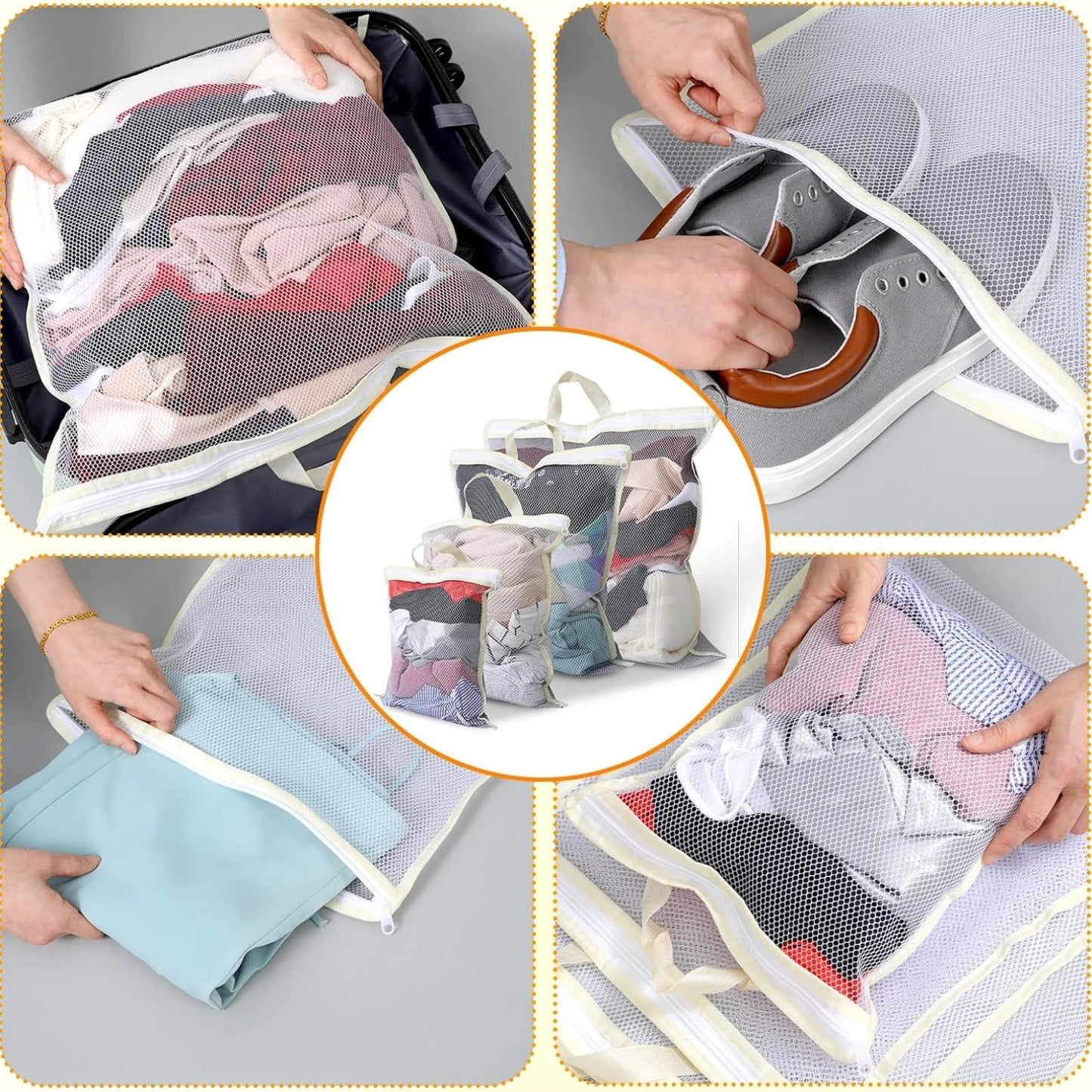 4PCS Laundry Mesh Bag Set with Handles – X-Large,Large, Medium & Small Washing Bags for Clothes & Delicates