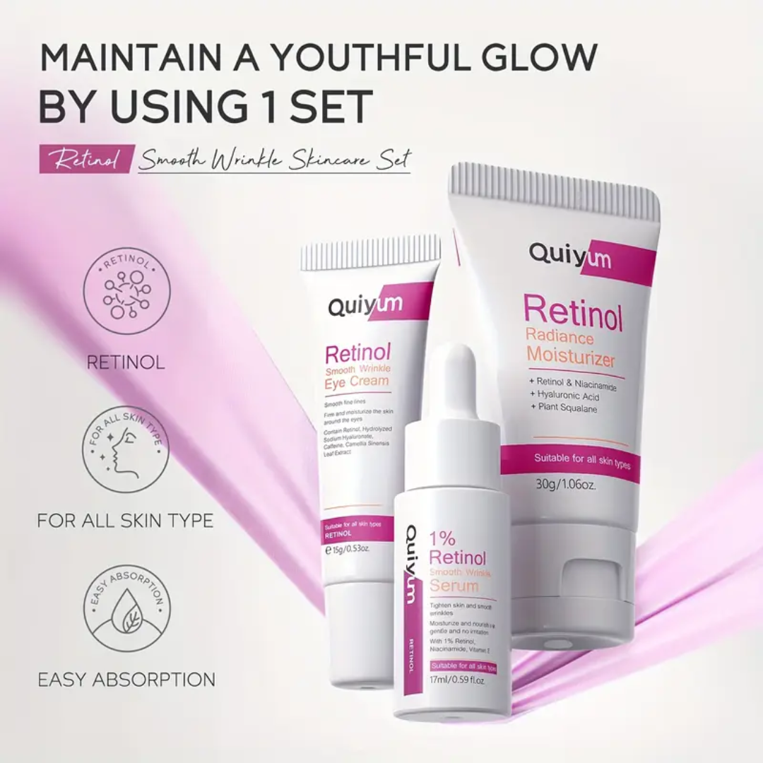 Quiyum Retinol Smooth Wrinkle Skincare Set – 3-in-1 Anti-Aging Set (Moisturizer, Serum & Eye Cream)