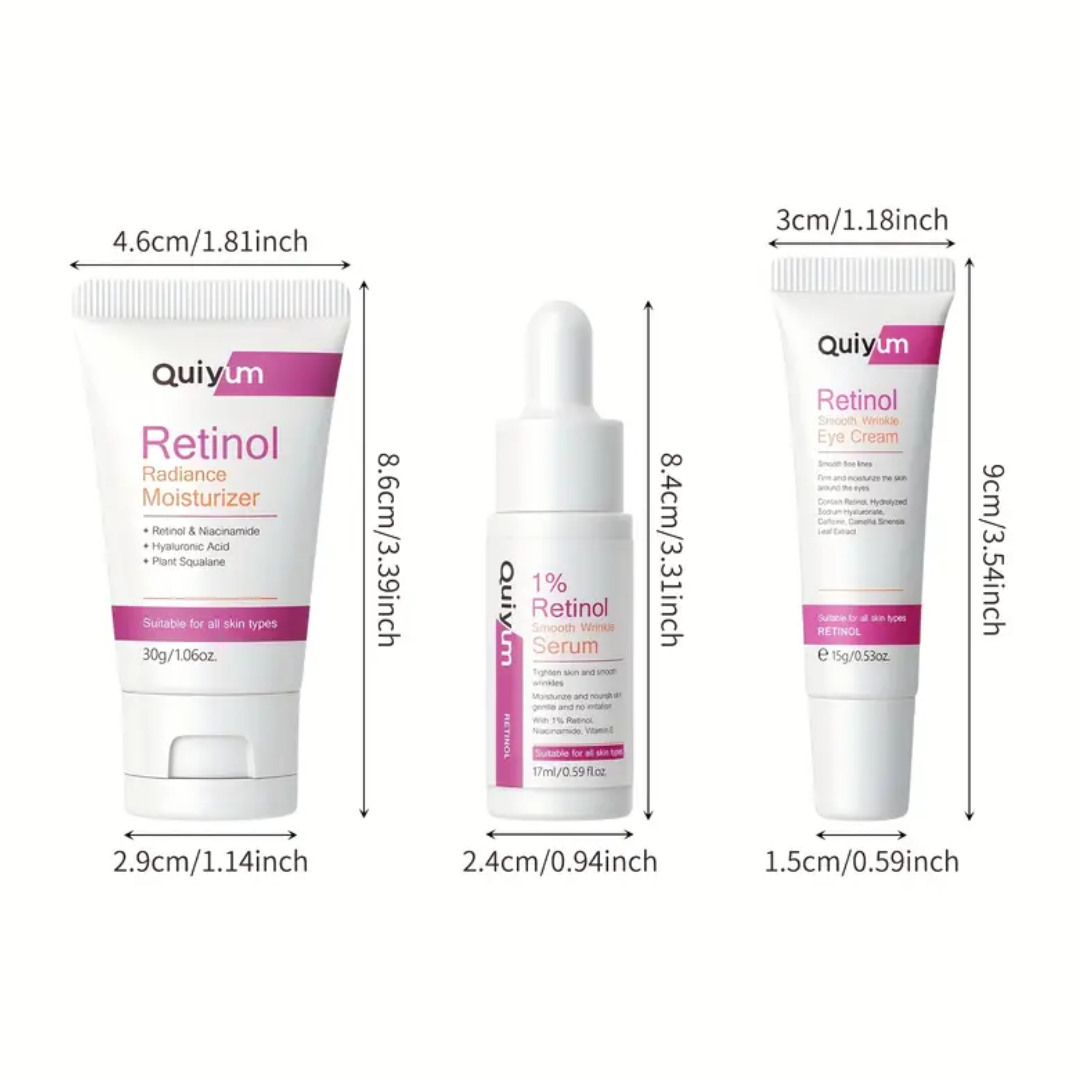 Quiyum Retinol Smooth Wrinkle Skincare Set – 3-in-1 Anti-Aging Set (Moisturizer, Serum & Eye Cream)