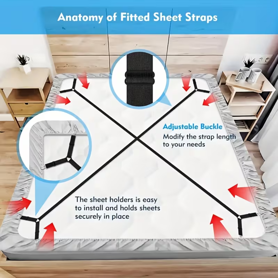 Adjustable Bed Sheet Straps – 2PCS Mattress Corner Holder Clips (Anti-Slip Fasteners)