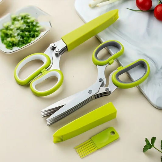5-Blade Herb Scissors Set with Cleaning Comb & Protective Cover – Stainless Steel