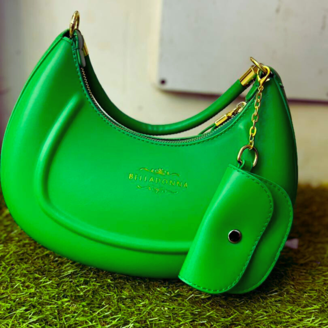 Belladonna Green Handbag with Mini Pouch – Crescent Shoulder Bag