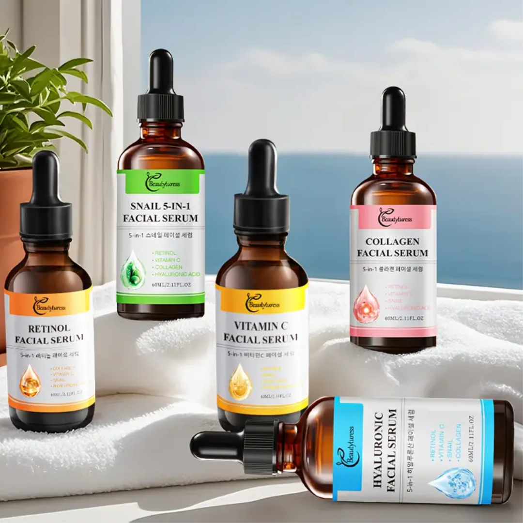 5-in-1 Facial Serum Set – 60ml EachTargets Wrinkles, Dullness, Uneven Tone, Dryness, Blemishes