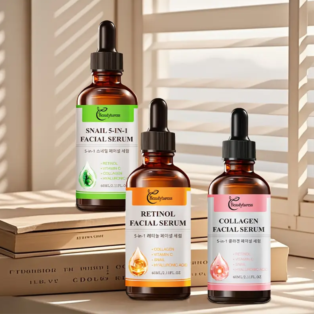 5-in-1 Facial Serum Set – 60ml EachTargets Wrinkles, Dullness, Uneven Tone, Dryness, Blemishes