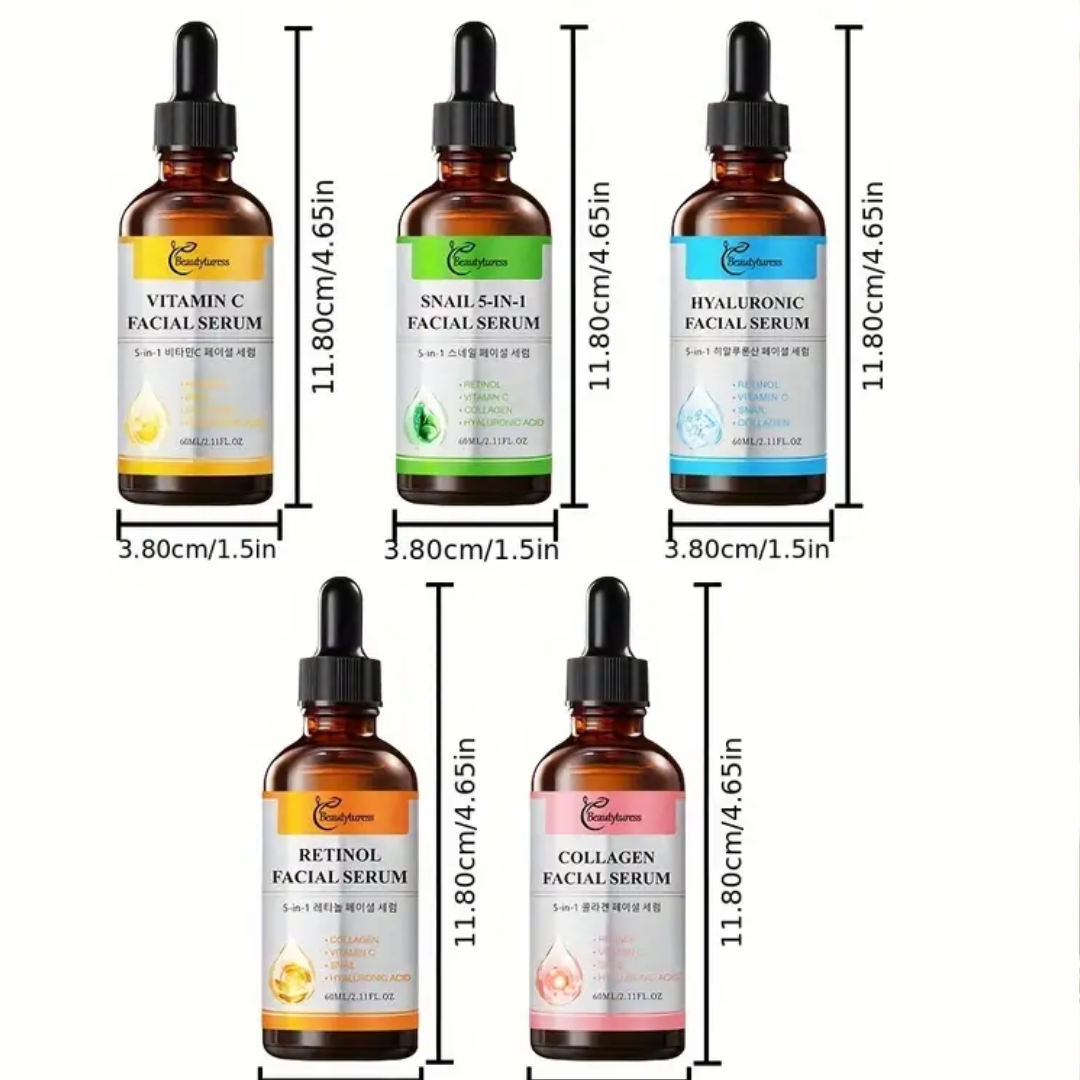 5-in-1 Facial Serum Set – 60ml EachTargets Wrinkles, Dullness, Uneven Tone, Dryness, Blemishes