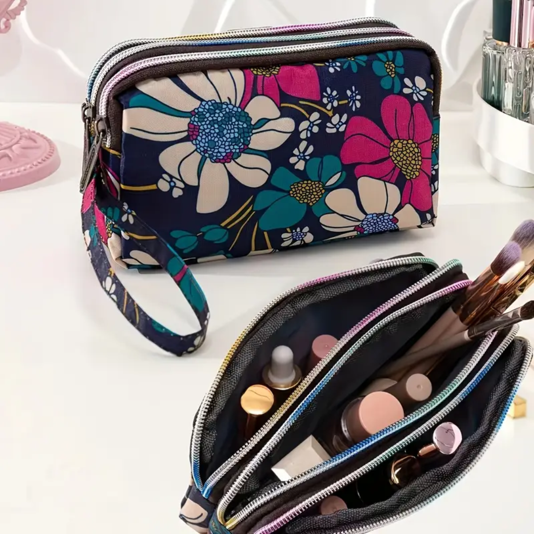 Floral Multi-Compartment Makeup & Cosmetic Organizer Bag
