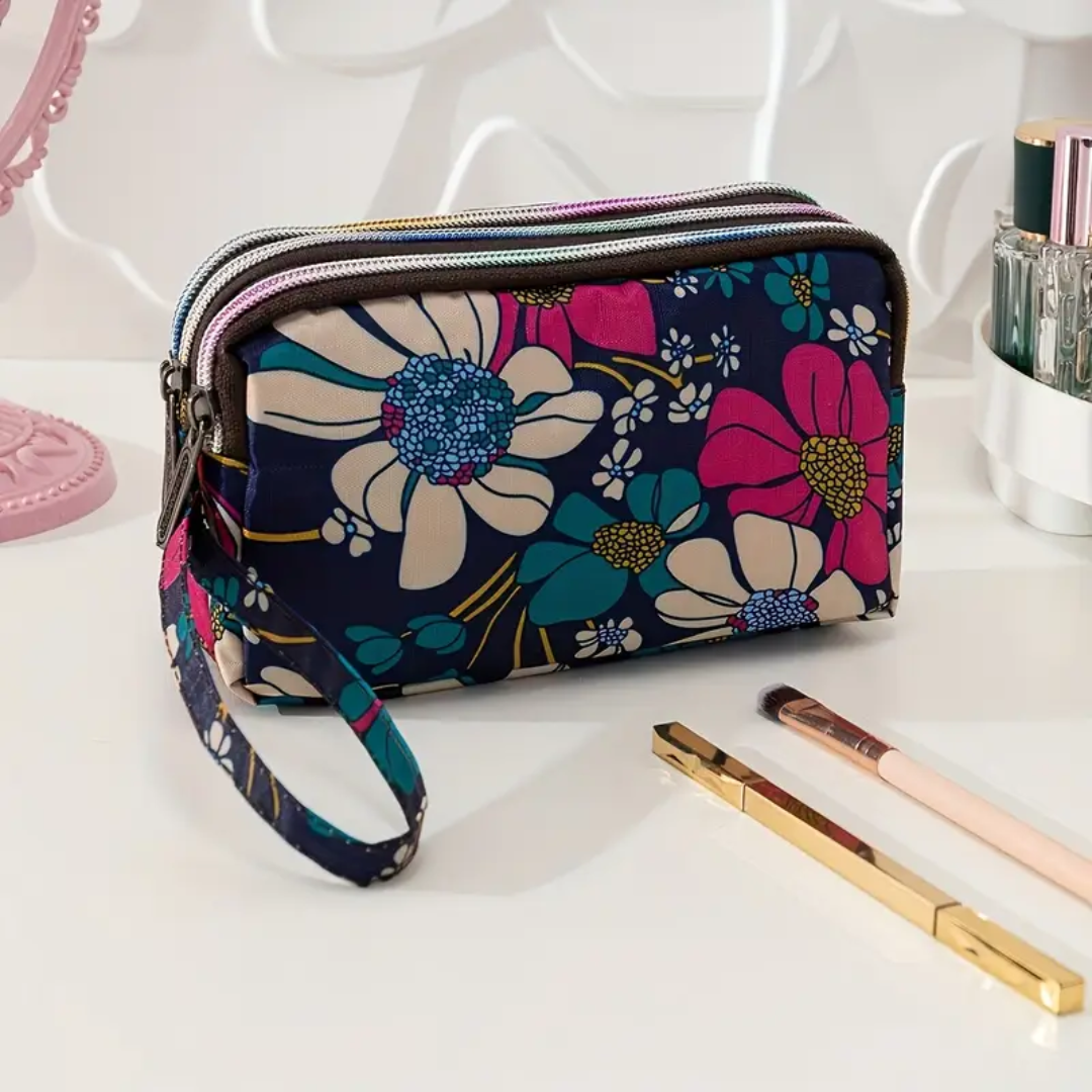 Floral Multi-Compartment Makeup & Cosmetic Organizer Bag