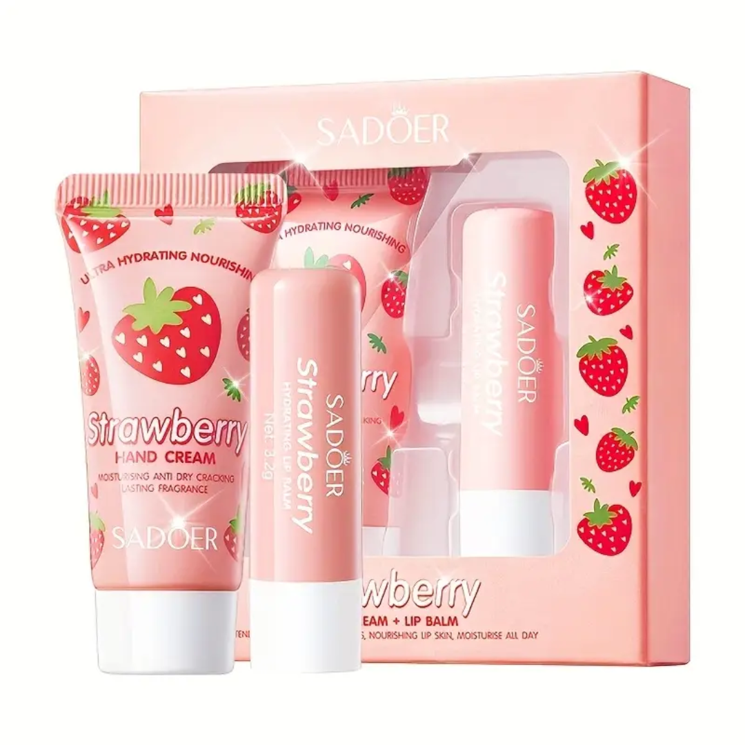 SADOER Strawberry Hand Cream & Lip Balm Set – Ultra Hydrating & Nourishing (2pcs)