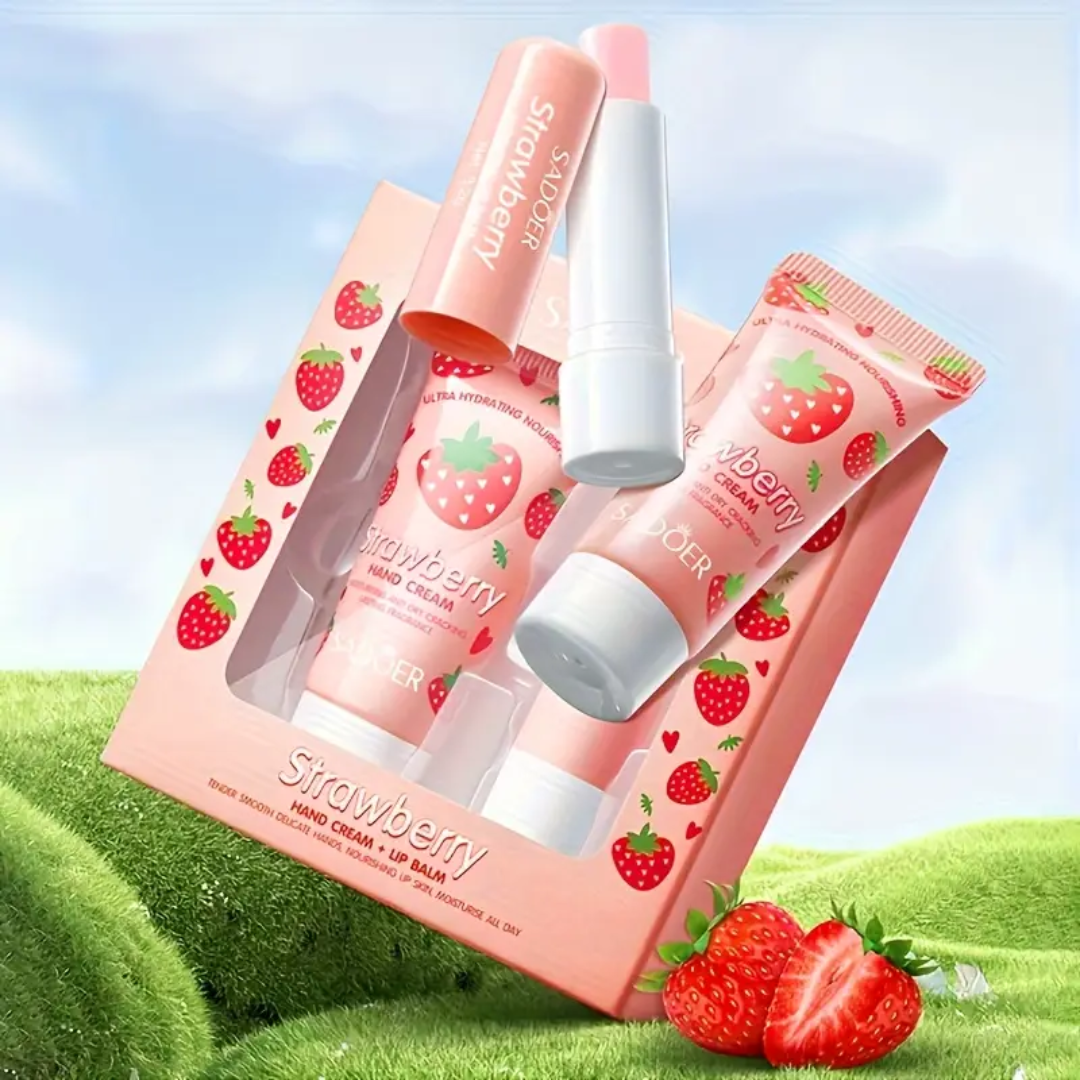 SADOER Strawberry Hand Cream & Lip Balm Set – Ultra Hydrating & Nourishing (2pcs)