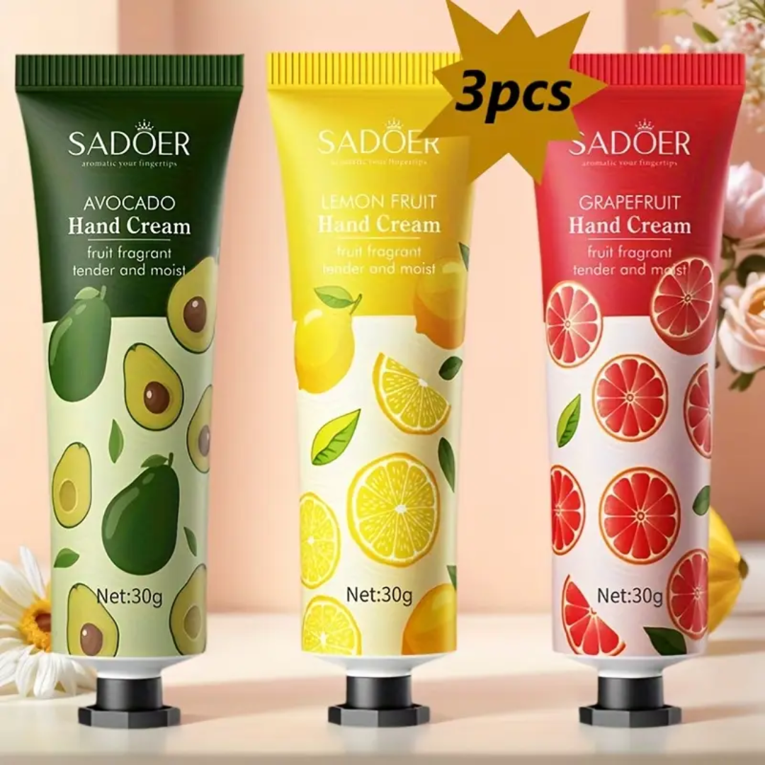 SADOER Fruit Hand Cream Set – Avocado, Lemon & Grapefruit (3pcs × 30g)