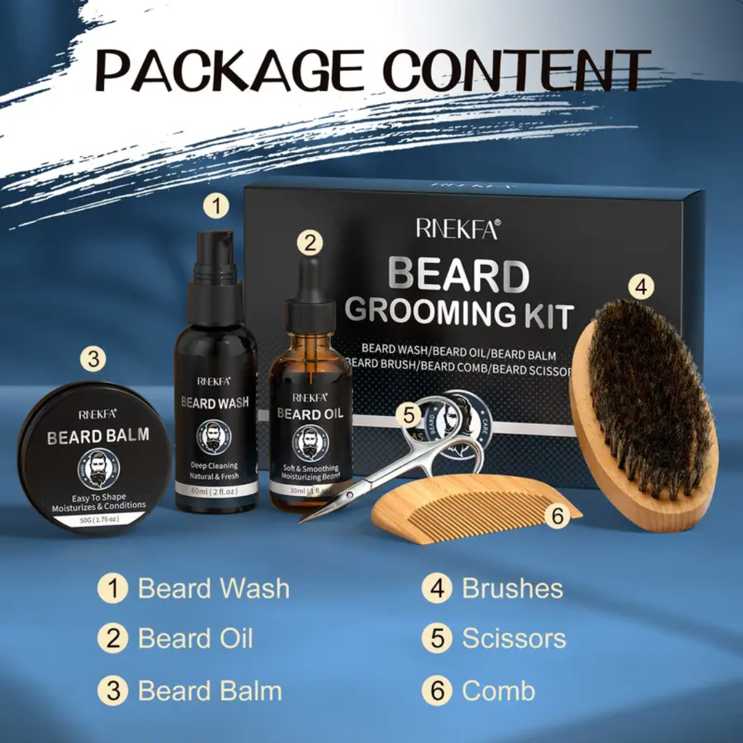 RNEKFA Beard Grooming Kit – Beard Wash, Oil, Balm, Brush, Comb & Scissors (6pcs Set)