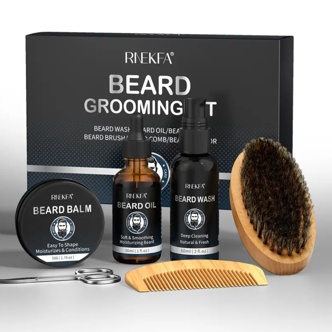 RNEKFA Beard Grooming Kit – Beard Wash, Oil, Balm, Brush, Comb & Scissors (6pcs Set)