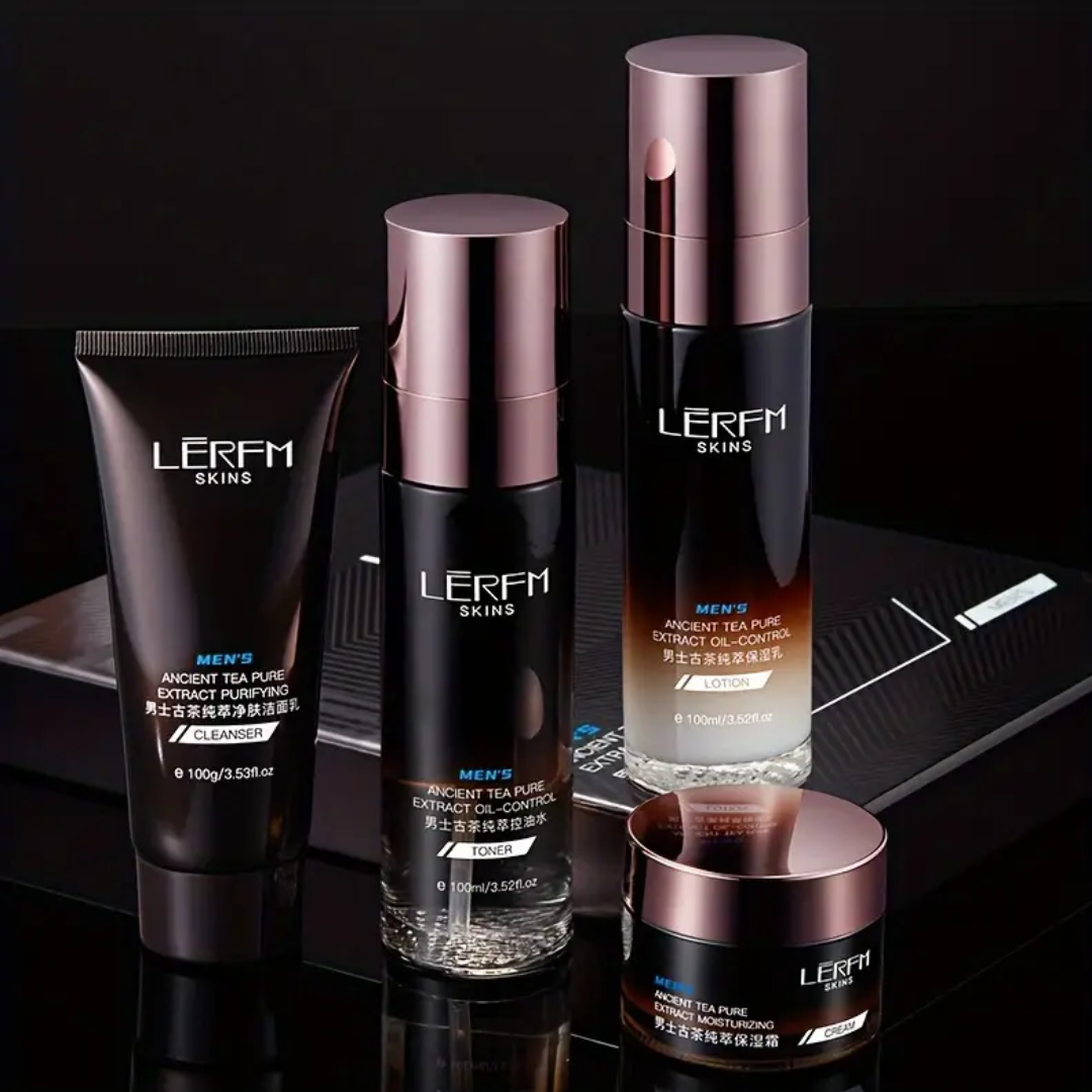 Skins Men’s Skincare Set – Ancient Tea Extract Cleanser, Toner, Lotion & Cream (4pcs)