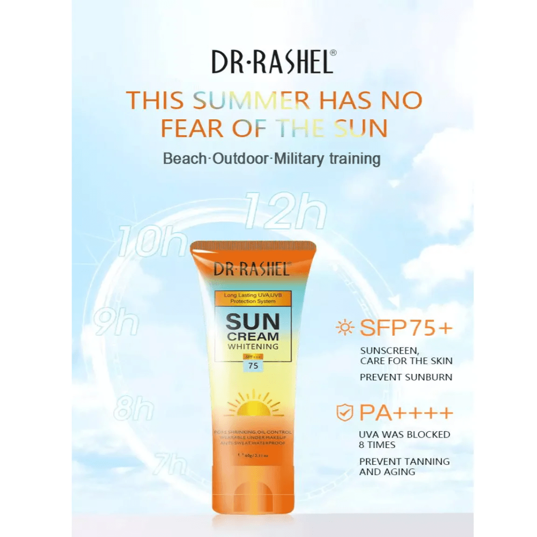 Dr Rashel Whitening Sun Cream SPF 75 – Oil Control & Pore Minimizing Sunscreen (60g) - Ethereal soul Collections