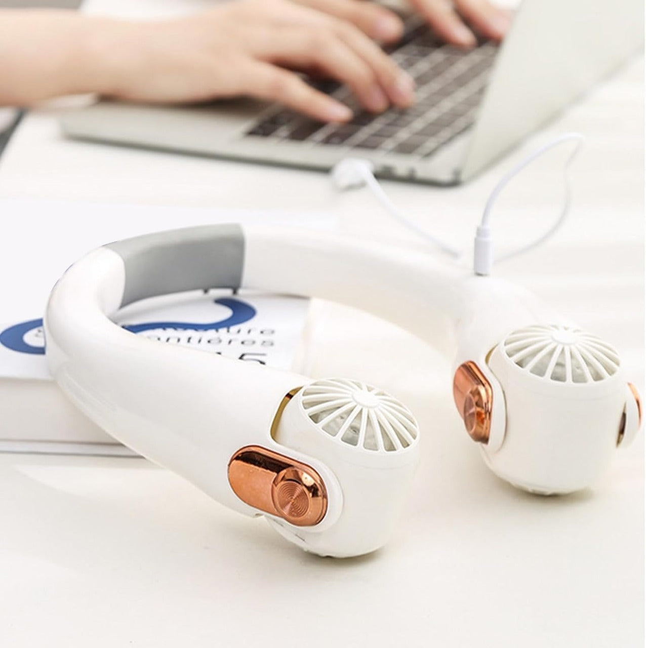 Portable Hanging Neck Fan – Rechargeable, Hands-Free White