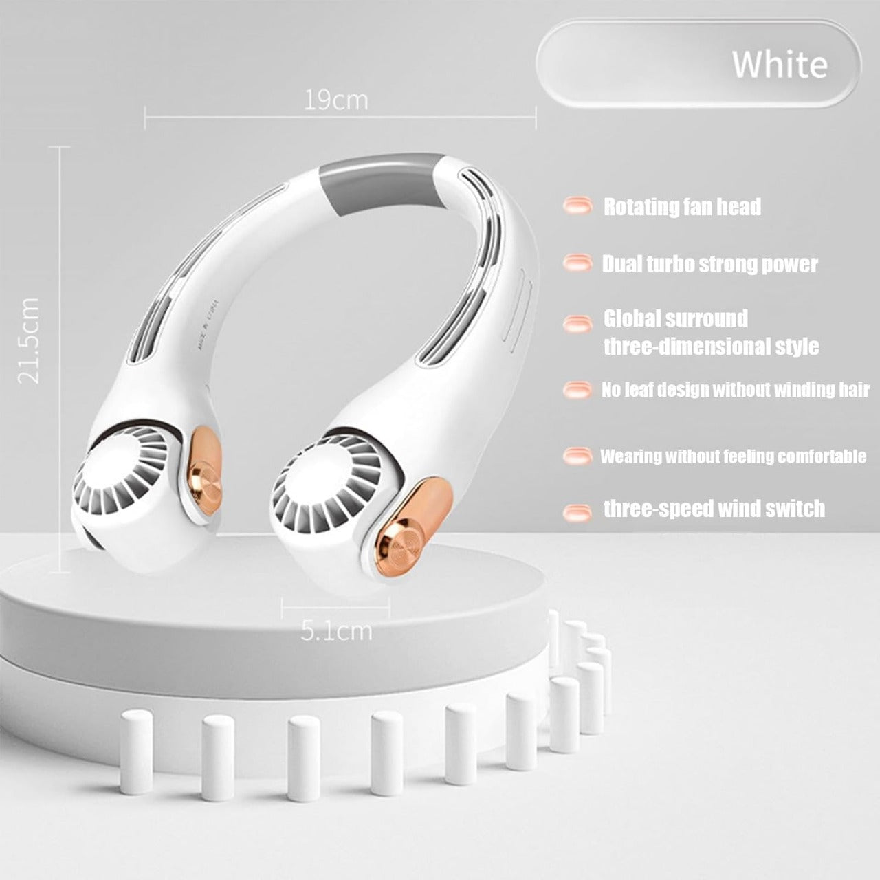 Portable Hanging Neck Fan – Rechargeable, Hands-Free White